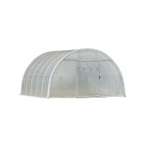 Serre tunnel Deschamps largeur 4 m - Pas à 1 m - Long 10 m, Film Diffusant 200μ, Façade 1 porte simple et 1 porte dble, Filet ombr