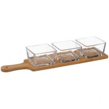 Servierschalen aus Glas auf einem Bambustablett, quadratisch, 4-teiliges Set