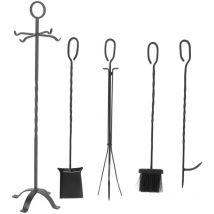 Serviteur Cheminée, 5 Pièces Serviteur Poele a Bois Accessoire, Ensemble Outils de Cheminee avec Pelle/Tisonnier/Pince/Balai/Support, Noir Moderne