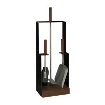 Lienbacher - Serviteur de cheminée 3 pièces noir avec accessoires inox et manche en noyer