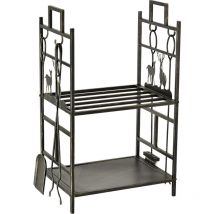 Serviteur de cheminée cerf - porte bûches - range bûches multi accessoires 2 étagères 51L x 33l x 77H cm métal noir or vieilli