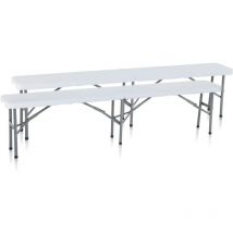 Set 2X pezzi Panca 183X25H44cm pieghevole in dura resina bianca con 3 gambe in ferro e metallo richiudibile