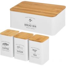 Set 3 Barattoli in Metallo Bianco Coperchi Bambù Contenitori Porta Pane Acciaio