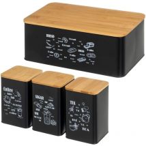 Set 3 Barattoli in Metallo Nero Coperchi in Bambù Contenitori Porta Pane Acciaio