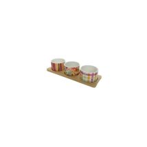 Set 3 Ciotole per Tapas in Porcellana con Vassoio in Bamboo – Dimensioni Vassoio 28x6,2x9,7 cm – Ciotole Ø8x5h cm