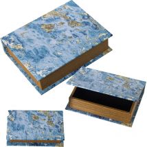 Lot de 3 Coffrets Livres Décorés Bois Dm/Toile Polyester Bleu+ 30X24X8+24X18X6+18X12X4 Cm