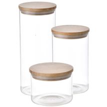 Set aus 3 hochwertigen Einmachgläsern aus Borosilikatglas mit Bambusdeckel – Ø11x26,5 cm, 2,1 l – Ø11x18,5 cm, 1,4 l – Ø11x8,5 cm, 600 ml