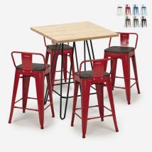 Set 4 sgabelli tavolino industriale alto legno metallo 60x60cm mason steel top Colore: Rosso