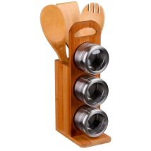 Five Simply Smart – Set 7 Pezzi Porta Spezie Magnetici e Utensili da Cucina in Bambù e Acciaio Inossidabile