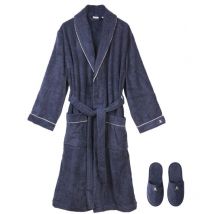 Scalpers - Set Accappatoio (s-m) e Pantofole (39-42) in 100% cotone morbido e assorbente con ricami in Blu Navy