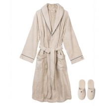 Set Scalpers Accappatoio (S-M) e Ciabattine (39-42) in 100% cotone morbido e assorbente con ricamo Beige