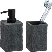Lot gobelet brosse à dent et distributeur 300ml Villata Wenko Accessoires salle de bain, Poly résine, Gobelet : 7,5x11x7,5 cm, Distri 7x15x7 cm, Gris