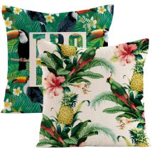 Set Aus 2 Dekorativen Kissenbezügen Mit Tropischen Blumen-, Palmen-, Blatt- Und Papageienmotiven. Standardgröße (45,7 X 45,7 Cm). Sommerlicher 