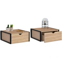 Idmarket - Set aus 2 Wand-Nachttischen detroit 1 Schublade Hängeregal aus Holz und Metall schwarz Industriedesign