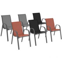 Set aus 6 stapelbaren Gartenstühlen lyma aus Metall und Textilene in Grau Schwarz und Terracotta