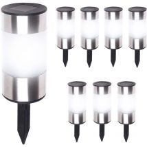 IDMARKET 8er Set Solarpoller Edelstahl 21,5 cm hoch Dämmerungssensor wiederaufladbare AAA-Batterien weiße LED