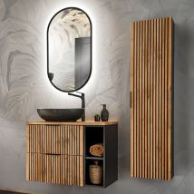 Petits-meubles - Set aus Einzelwaschtisch 80cm 2 Nischen led Spiegel und Säule Gaia Holz und Schwarz - Waschbecken Schwarz