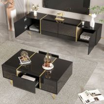 Set Aus Tv-schrank Und Couchtisch Für Wohnzimmer, Mit 4 Türen, 2 Schubladen Und Dämpfungsscharnieren, Mdf Schwarz