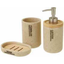 Set Bagno 3pz Con Dispenser Sapone Bicchiere Portaspazzolini Poliresina e Legno