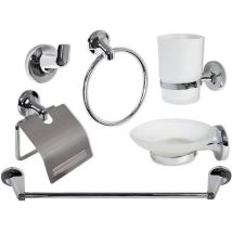 Set Bagno Moderno in Acciaio Cromato e Vetro Satinato Opaco 6 Pezzi Accessori arredo Bagno