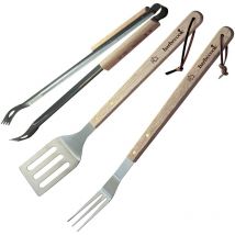 Set barbecue 3 pezzi spatola, pinza e forchetta in acciaio inox con manico in legno Barbecook