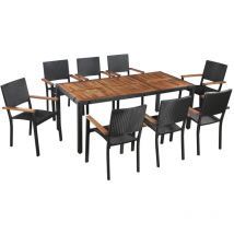 Torana - Set comedor jardín 9 pzas ratán sintético y madera acacia negro