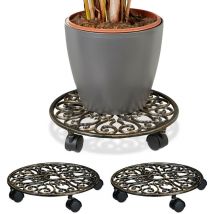Relaxdays Plant Caddy, Set of 3, Cast Iron, Round, Ø 33.5 cm, Art Nouveau Style, with 4 Wheels, Weather-Proof, Bronze