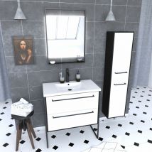 Aurlane - Set da bagno bianco da 80 cm + bacino di resina bianca + cassetti bianchi opachi + specchio + colonna