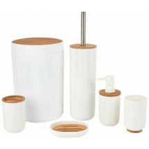 Set da Bagno in Legno Bamboo e Plastica Bianco e Naturale 6pz con Portascopino