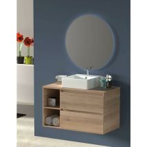 Set da bagno Zeus - 7 colori diversi e 2 misure - con mobili, specchio rotondo retroilluminato e Lavabo da appoggio 80 cm con ripiano sinistro Bianco