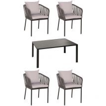 HHG - Set da giardino 616, salotto tavolo+4xsedie, alluminio 140x80cm, intreccio corda, antracite cuscini grigio chiaro