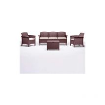 Salon de jardin Venezia III canape' trois places fauteuils et table basse en polypropyle'ne effet rotin marron avec coussins