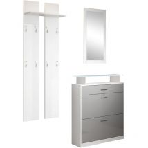 Set da Ingresso con specchio e attaccapanni Mobile da Ingresso Scarpiera ingresso 3 cassetti e led Modello Paola Bianco e Grigio lucido