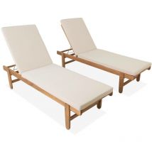 Sweeek - Set de 2 bains de soleil en Acacia – arequipa – Transats avec coussins beige et roulettes. multi positions