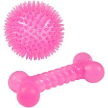 Set de 2 jouets balle et os rose 13 x 8 cm pour chien