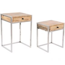 Pegane - Set de 2 tables d'appoints en bois de manguier coloris naturel et métal argenté