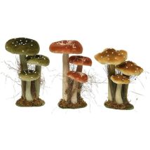 Set de 3 champignons décoratifs sur mousse – 14x18x26 cm – Village de Noël – Couleurs assorties : moutarde, vert, marron – DECORIS