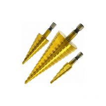 Set de 3 Foret Fraise Meche Etage, hss Inox Metal, 4-12/20/32mm, Triangle Conique Titane, avec Tige Hexagone, Pour Visseuse Perçage sur Acier,