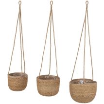 Set de 3 pots de fleurs en jonc de mer naturel - 23 / 20 / 17 cm - Pot de fleurs à suspendre en matériau naturel - Pot de fleurs suspendu Support de