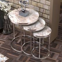 [en.casa] - Set de 3 tables d'appoint Bornholm rondes gigognes marbre blanc argent