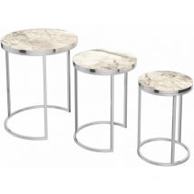 Helloshop26 - Set de 3 tables d'appoint rondes gigognes marbre blanc argent