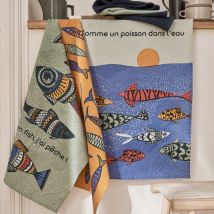 Set de 3 torchons motifs poisson Bleu 50x70 cm