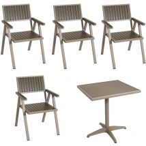 Set de 4 chaises de jardin + table de jardin HHG 861, chaise table, revêtement Gastro Outdoor, alu aspect bois, champagne, gris