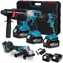 Kingso - Set de 4 Clé électrique + Meuleuse d'angle + Perceuse électrique + Perforateur électrique 2 batteries Hasaki