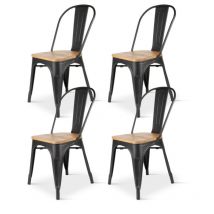 Kosmi - Set de 4 Sillas de Metal Negro Mate con Asiento de Madera Clara - Estilo Industrial