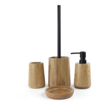 Deblanch - Set de accesorios de madera roble para el inodoro con escobilla + dispensador + taza + jabonera