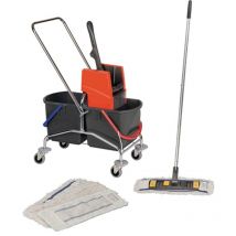 Set de chariots de nettoyage seau 2 x 17 l pres./manche/supp./4 serp. tube d'acier Vermop