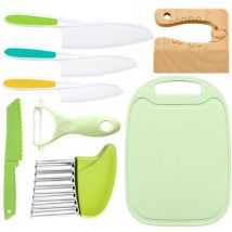 Basetbl - Set de couteaux de cuisine pour enfants, 8 pièces, tête ronde et couteaux verts, avec planche et couteau en bois