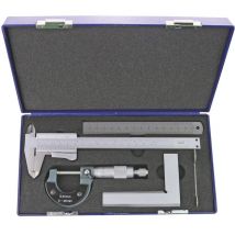 Ensemble de 4 outils de mesure pieds à coulisse analogue latte en inox 150 mm micromètre 0-25 mm équerre 100x70 mm MIB CMS41