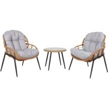 HHG - Set de polirratán 952, set de balcón set de jardín grupo de asientos silla mesa auxiliar, color natural, tapizado gris claro